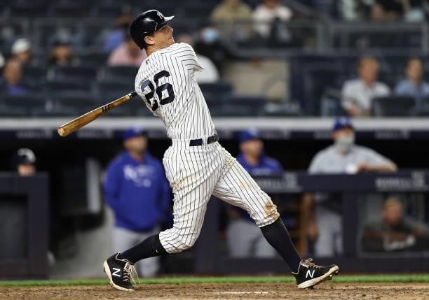 LeMahieu of the New York Yankees hits a two run home run in the eighth inning against the Kansas City Royals at Yankee Stadium on June 22, 2021 in...