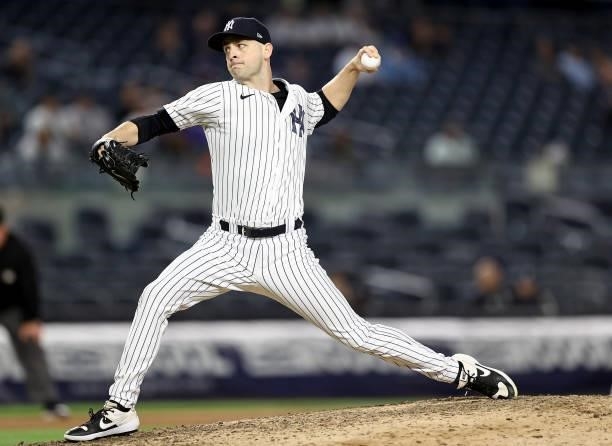 Lucas Luetge of the New York Yankees delivers a pitch in the eighth inning against the Kansas City Royals at Yankee Stadium on June 22, 2021 in the...