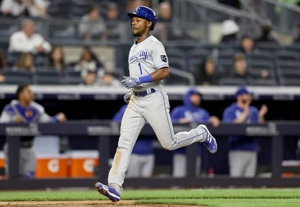 Jarrod Dyson of the Kansas City Royals scores in the eighth inning against the New York Yankees at Yankee Stadium on June 22, 2021 in the Bronx...