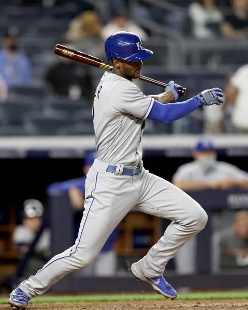 Michael A. Taylor of the Kansas City Royals hits an RBI single in the eighth inning against the New York Yankees at Yankee Stadium on June 22, 2021...