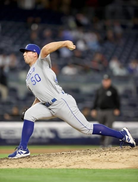 Kris Bubic of the Kansas City Royals delivers a pitch in the fifth inning against the New York Yankees at Yankee Stadium on June 22, 2021 in the...