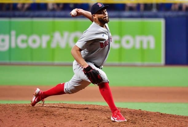 Darwinzon Hernandez of the Boston Red Sox delivers a pitch to the Tampa Bay Rays in the 11th inning at Tropicana Field on June 22, 2021 in St...