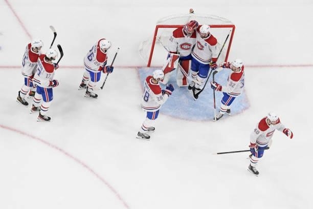 The Montreal Canadiens celebrate after Game Five of the Stanley Cup Semifinals at T-Mobile Arena on June 22, 2021 in Las Vegas, Nevada. The Canadiens...