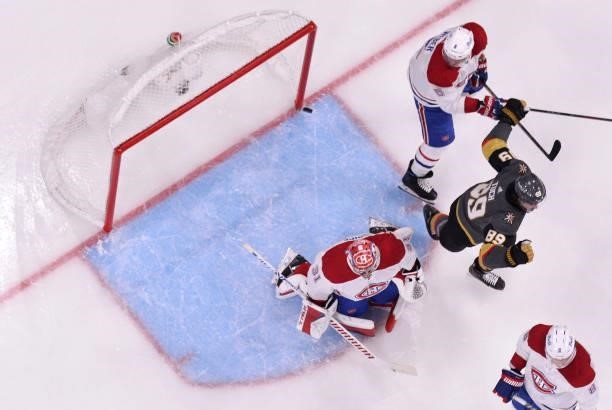 Carey Price of the Montreal Canadiens allows a goal by Max Pacioretty of the Vegas Golden Knights during the third period in Game Five of the Stanley...