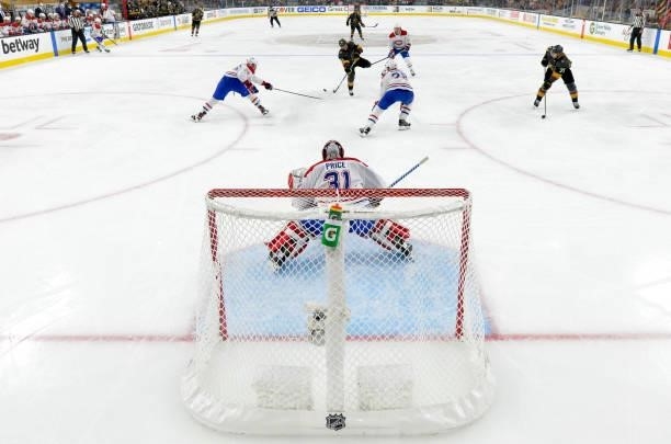 Carey Price of the Montreal Canadiens tends net during the first period against the Vegas Golden Knights in Game Five of the Stanley Cup Semifinals...