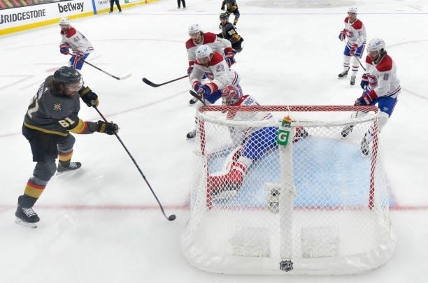 Carey Price of the Montreal Canadiens defends the net against a shot attempt by Mark Stone of the Vegas Golden Knights during the first period in...