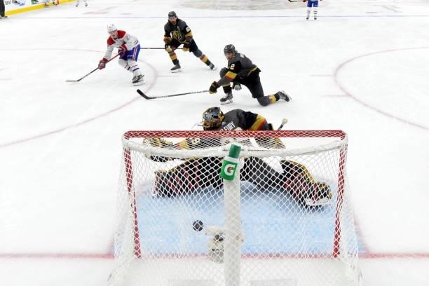 Cole Caufield of the Montreal Canadiens scores a goal during the second period against the Vegas Golden Knights in Game Five of the Stanley Cup...