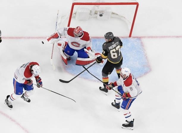 Carey Price of the Montreal Canadiens blocks a shot by Max Pacioretty of the Vegas Golden Knights during the third period in Game Five of the Stanley...