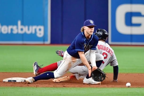 Xander Bogaerts of the Boston Red Sox steals second base against Taylor Walls of the Tampa Bay Rays in the 11th inning at Tropicana Field on June 22,...