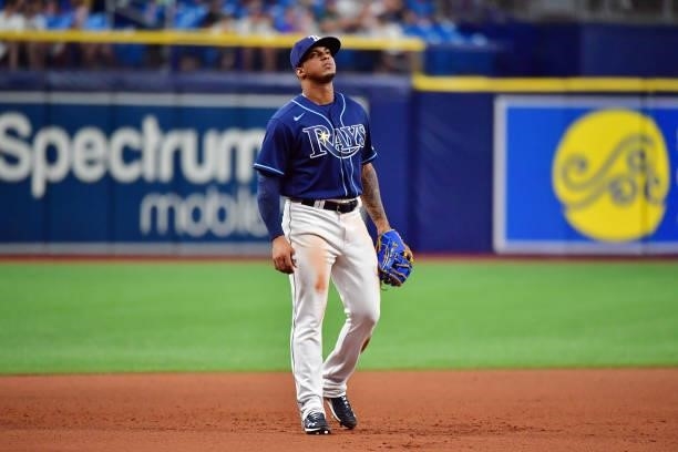 Wander Franco of the Tampa Bay Rays looks on during the 10th inning against the Boston Red Sox at Tropicana Field on June 22, 2021 in St Petersburg,...
