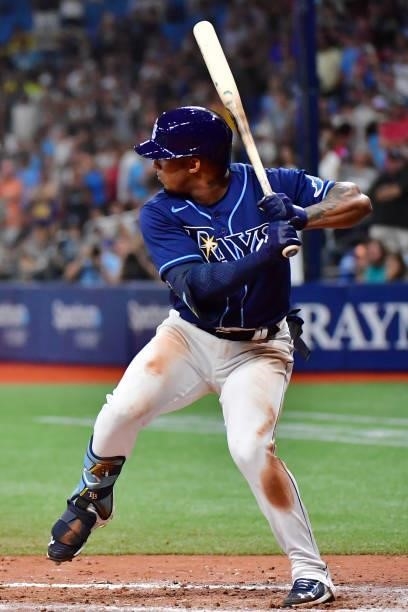Wander Franco of the Tampa Bay Rays prepares to swing at a pitch in the ninth inning against the Boston Red Sox during his Major League debut at...