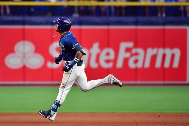 Wander Franco of the Tampa Bay Rays runs the bases after hitting a three-run home run in the fifth inning against the Boston Red Sox during his Major...