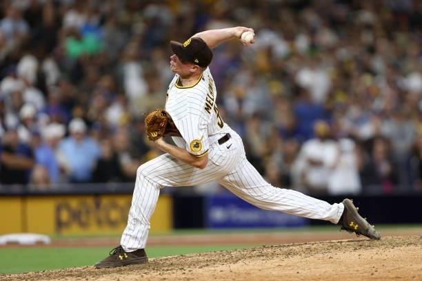 Mark Melancon of the San Diego Padres pitches during the ninth inning of a game against the Los Angeles Dodgers at PETCO Park on June 22, 2021 in San...
