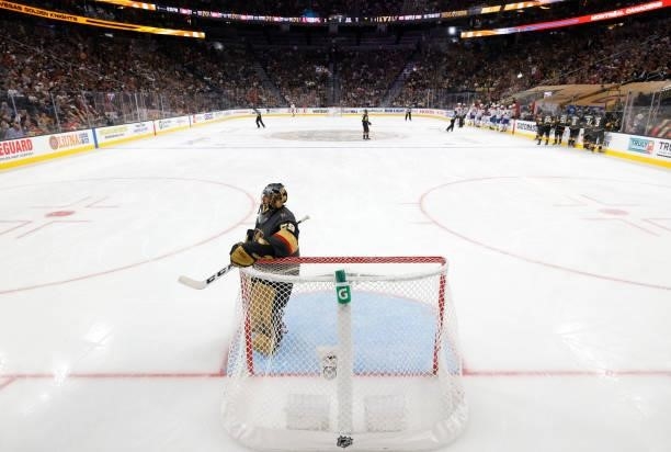 Marc-Andre Fleury of the Vegas Golden Knights stands in the crease during a stop in play in the third period in Game Five of the Stanley Cup...