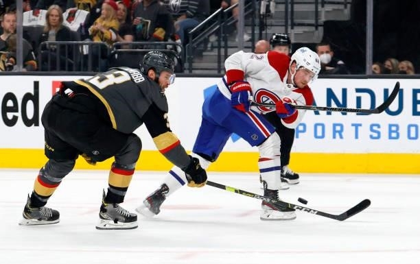 Brayden McNabb of the Vegas Golden Knights blocks a shot by Artturi Lehkonen of the Montreal Canadiens in the first period in Game Five of the...