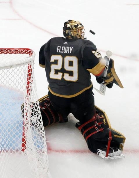 Marc-Andre Fleury of the Vegas Golden Knights blocks a shot by Phillip Danault of the Montreal Canadiens in the first period in Game Five of the...