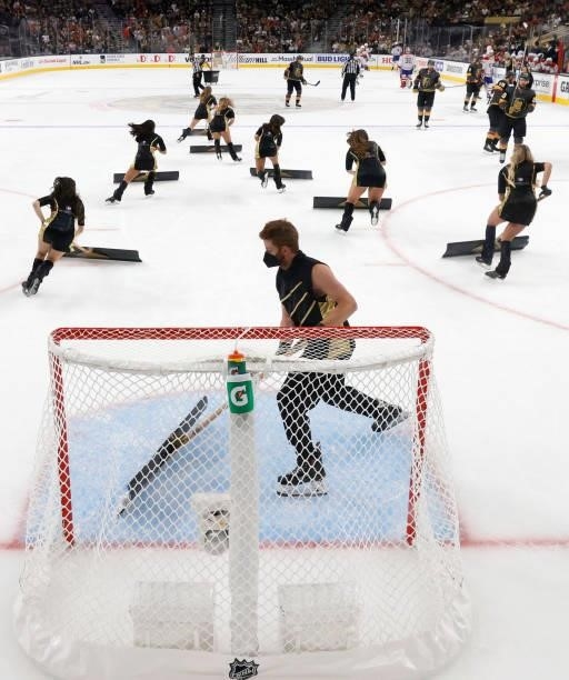 Members of the Knights Guard clean the ice during Game Five of the Stanley Cup Semifinals during the 2021 Stanley Cup Playoffs at T-Mobile Arena...