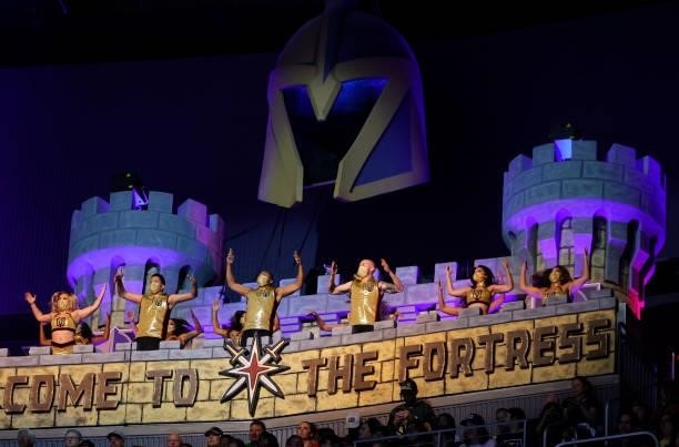 Members of the Vegas Golden Knights Vegas Vivas! cheerleaders perform in the Castle during Game Five of the Stanley Cup Semifinals during the 2021...
