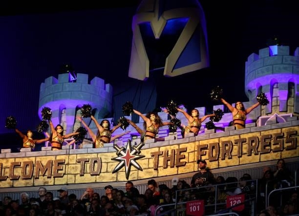 Members of the Vegas Golden Knights Vegas Vivas! cheerleaders perform in the Castle during Game Five of the Stanley Cup Semifinals during the 2021...