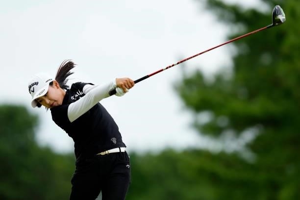 Hana Lee of South Korea hits her tee shot on the 18th hole during the second round of the JLPGA Pro Test at Shizu Hills Country Club on June 23, 2021...