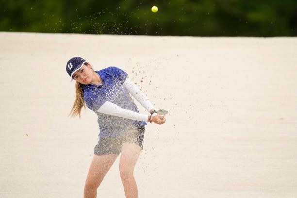 Shiho Kuwaki of Japan hits out from a bunker on the 11th hole during the second round of the JLPGA Pro Test at Shizu Hills Country Club on June 23,...