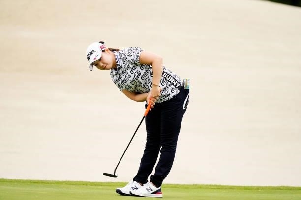 Miyu Goto of Japan reacts after her putt on the 11th green during the second round of the JLPGA Pro Test at Shizu Hills Country Club on June 23, 2021...