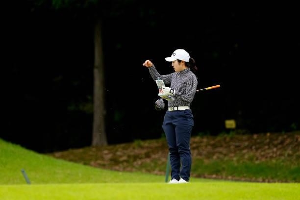 Shuri Sakuma of Japan checks the breeze on the 16th hole during the second round of the JLPGA Pro Test at Shizu Hills Country Club on June 23, 2021...