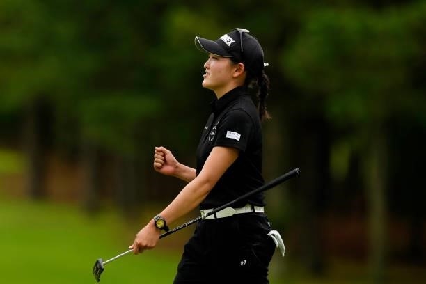 Chisato Iwai of Japan reacts after her putt on the first green during the second round of the JLPGA Pro Test at Shizu Hills Country Club on June 23,...