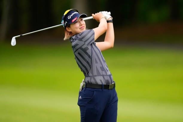 Yuri Onishi of Japan plays her second shot on the 17th hole during the second round of the JLPGA Pro Test at Shizu Hills Country Club on June 23,...
