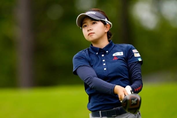 Saho Yamada of Japan hits her tee shot on the 3rd hole during the second round of the JLPGA Pro Test at Shizu Hills Country Club on June 23, 2021 in...