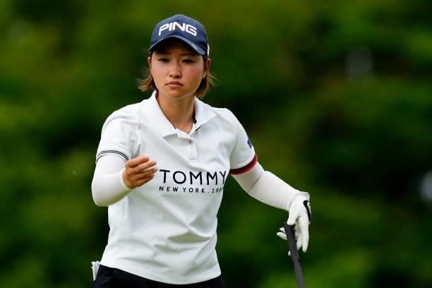 Ami Hirai of Japan checks the breeze on the 18th hole during the second round of the JLPGA Pro Test at Shizu Hills Country Club on June 23, 2021 in...