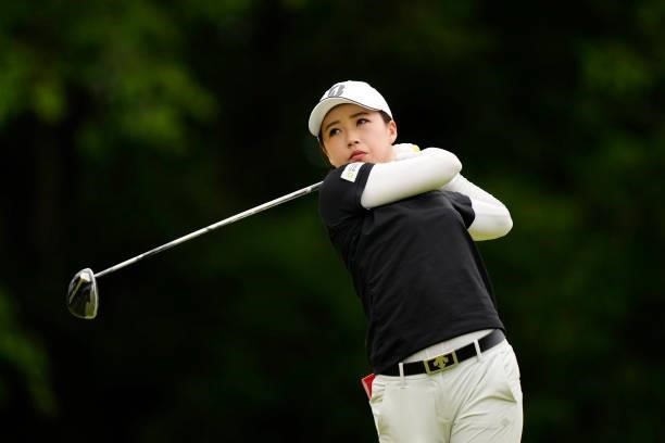 Moeno Tan of Japan hits her tee shot on the 6th hole during the second round of the JLPGA Pro Test at Shizu Hills Country Club on June 23, 2021 in...