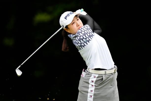 Shiori Watanabe of Japan hits her tee shot on the 4th hole during the second round of the JLPGA Pro Test at Shizu Hills Country Club on June 23, 2021...