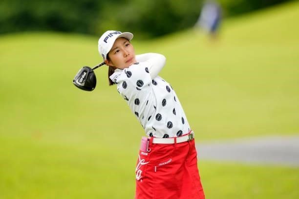 Hinano Muguruma of Japan hits her tee shot on the first hole during the second round of the JLPGA Pro Test at Shizu Hills Country Club on June 23,...