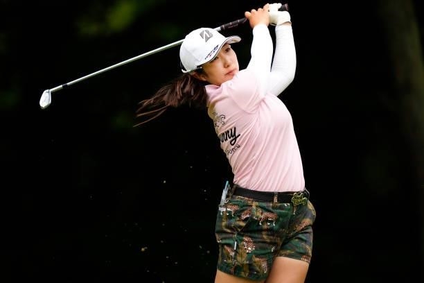Miyu Abe of Japan hits her tee shot on the 4th hole during the second round of the JLPGA Pro Test at Shizu Hills Country Club on June 23, 2021 in...