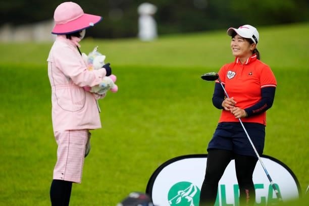Maki Sakaihara of Japan talks with caddie on the first hole during the second round of the JLPGA Pro Test at Shizu Hills Country Club on June 23,...