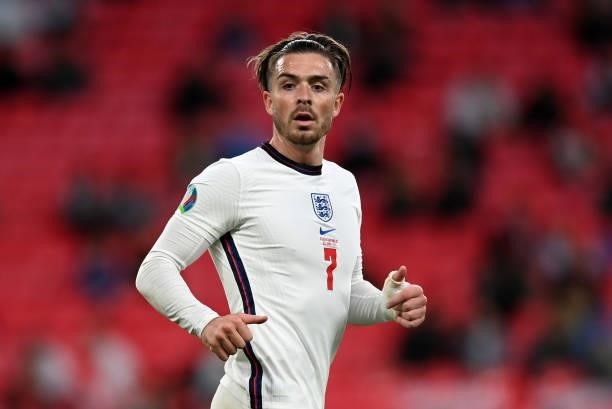 Jack Grealish of England looks on Czech Republic and England at Wembley Stadium on June 22, 2021 in London, England.