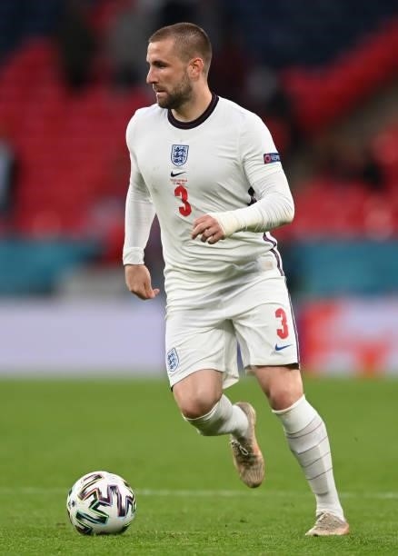 Luke Shaw of England runs with the ball during the UEFA Euro 2020 Championship Group D match between Czech Republic and England at Wembley Stadium on...