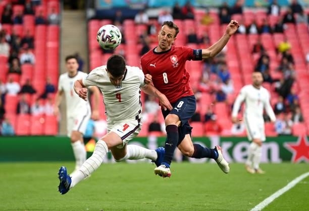 Declan Rice of England competes for a header with Vladimir Darida of Czech Republic during the UEFA Euro 2020 Championship Group D match between...