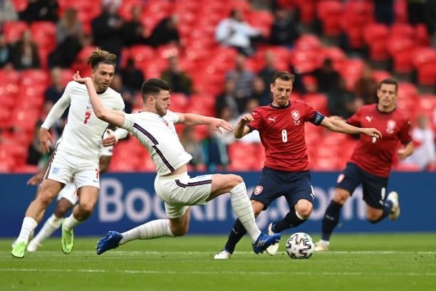 Vladimir Darida of Czech Republic is challenged by Declan Rice of England during the UEFA Euro 2020 Championship Group D match between Czech Republic...