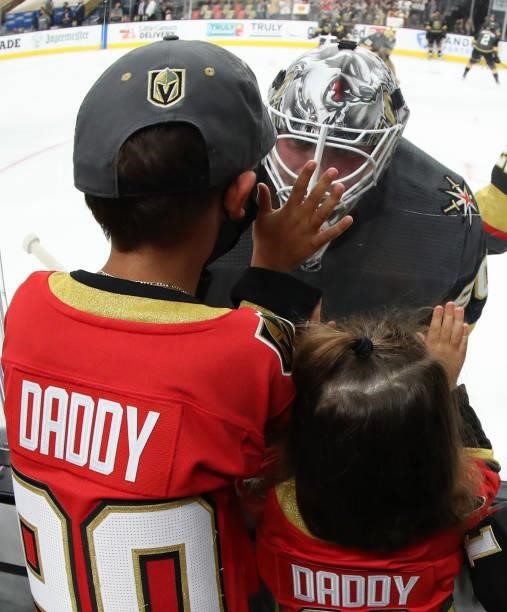 Robin Lehner of the Vegas Golden Knights visits his son Lennox Lehner and daughter Zoe Lehner during warmups before Game Five of the Stanley Cup...