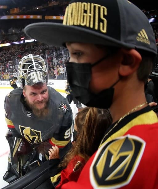 Robin Lehner of the Vegas Golden Knights visits his son Lennox Lehner and daughter Zoe Lehner during warmups before Game Five of the Stanley Cup...