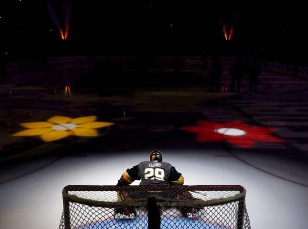 Marc-Andre Fleury of the Vegas Golden Knights is introduced before Game Five of the Stanley Cup Semifinals during the 2021 Stanley Cup Playoffs...
