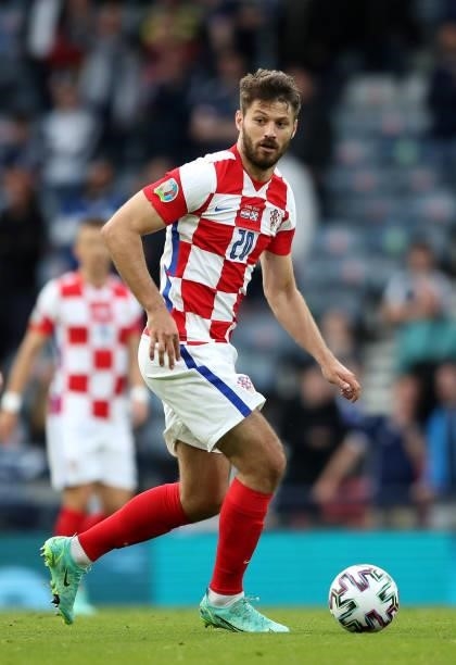Bruno Petkovic of Croatia in action during the UEFA Euro 2020 Championship Group D match between Croatia and Scotland at Hampden Park on June 22,...