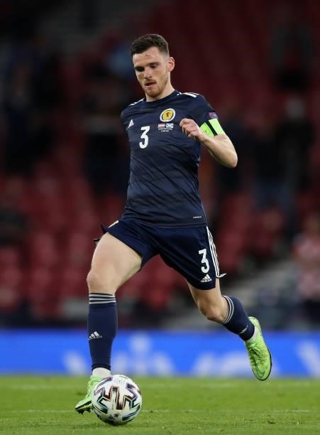 Andrew Robertson of Scotland in action during the UEFA Euro 2020 Championship Group D match between Croatia and Scotland at Hampden Park on June 22,...