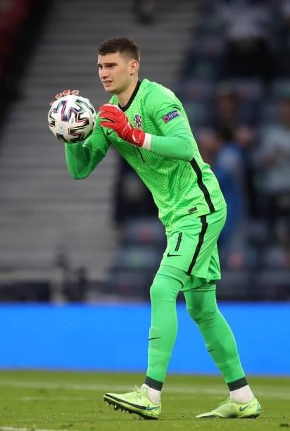 Dominik Livakovic of Croatia in action during the UEFA Euro 2020 Championship Group D match between Croatia and Scotland at Hampden Park on June 22,...