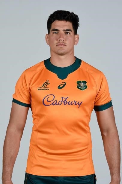 Darcy Swain poses during the Australian Wallabies team headshots session on June 23, 2021 in Coomera, Australia.