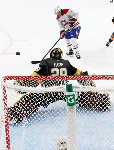 Tyler Toffoli of the Montreal Canadiens takes a shot against Marc-Andre Fleury of the Vegas Golden Knights in the first period in Game Five of the...