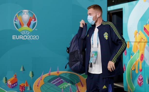 Dejan Kulusevski of Sweden is seen wearing a face mask as he arrives at the stadium prior to the UEFA Euro 2020 Championship Group E match between...