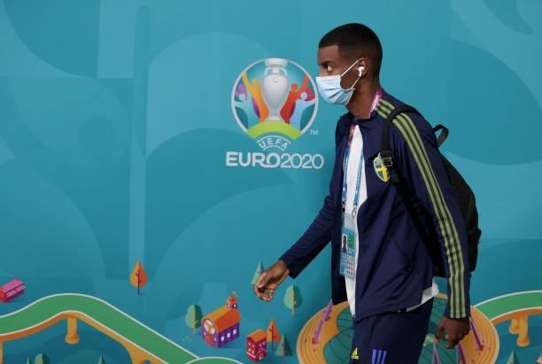 Alexander Isak of Sweden is seen wearing a face mask as he arrives at the stadium prior to the UEFA Euro 2020 Championship Group E match between...